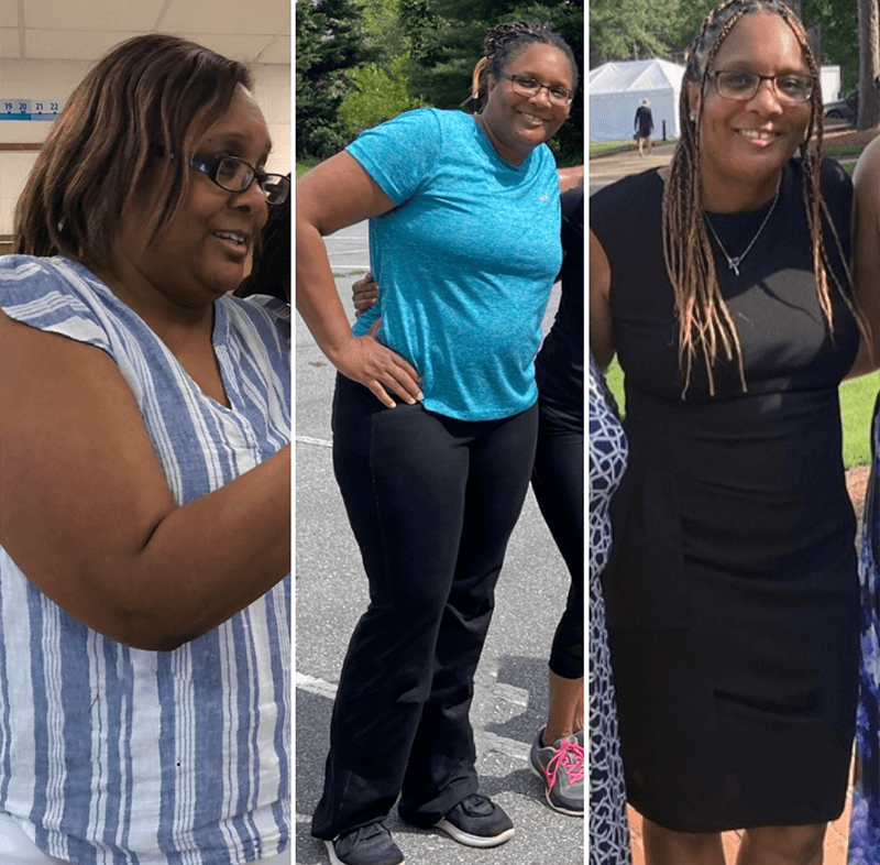before and after testimonial image of woman in three photos from left to right showing weight loss journey
